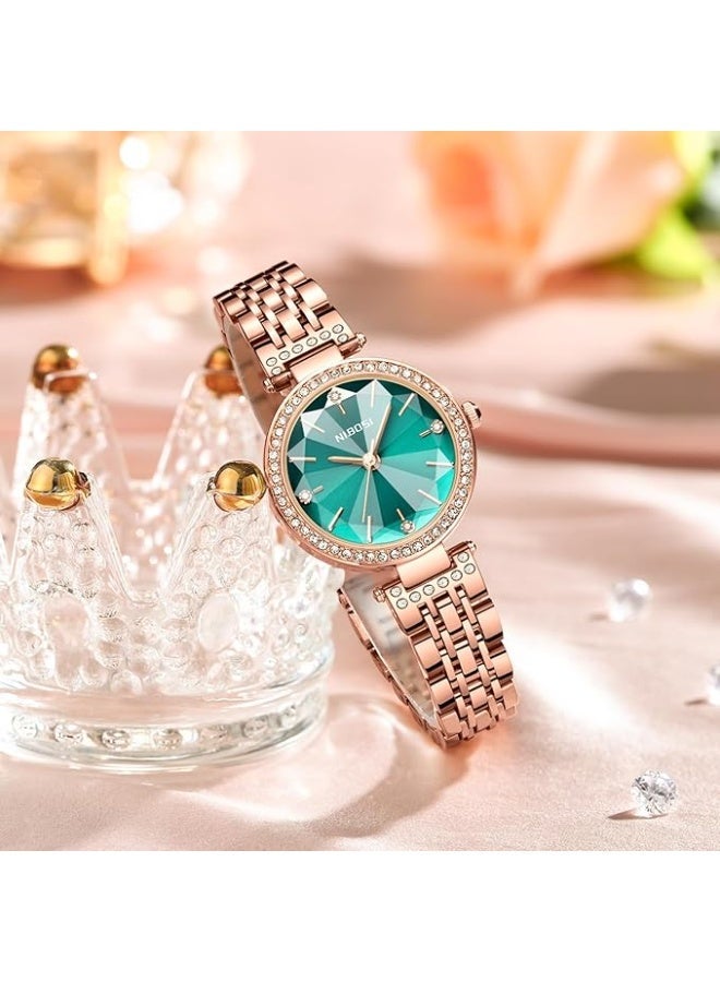 نيبوسي الساعات النسائية التناظرية ورد الذهب مربع رقم المراقبة الساعة النسائية للبنات والسيدة والسيدات الماس المضغوط مع الساعات الأنيقة للماء - Image 4